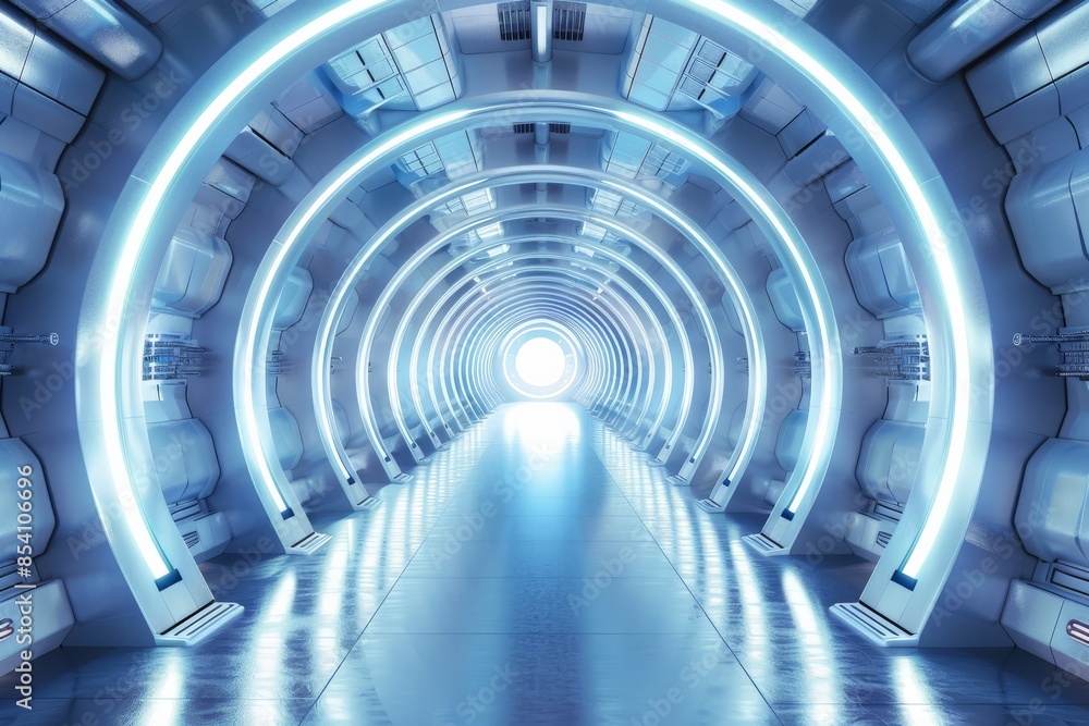 Poster a brightly lit, futuristic tunnel with smooth arches and reflective surfaces suggesting advanced tec