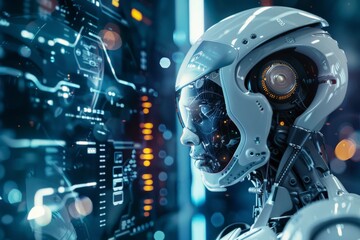 A highly detailed robot head with advanced design and visible technology components