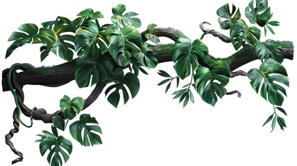 realistic twisted jungle branch with plant growing isolated on a white background
