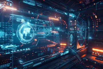 Detailed and complex futuristic computer interface with numerous data points