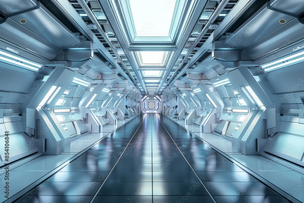 Poster the image presents a symmetric view down a clean futuristic corridor with blue lighting