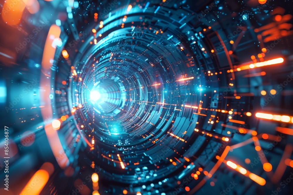 Aufkleber a vibrant image depicting a futuristic tunnel filled with glowing lights and cybernetic details