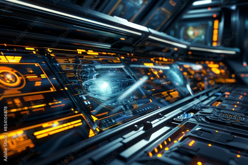 Poster a futuristic control panel displaying a holographic robot head amid high-tech elements