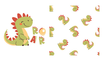 Set of vector templates for printing on children's products. Cute dinosaur and roar lettering. Seamless vector pattern with dinosaurs. Vector illustration