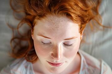 Overhead view of a relaxing redhead woman with eyes closed, serene expression framed by her hair