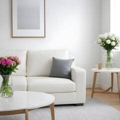 Modern living room interior with white sofa and flowers. 