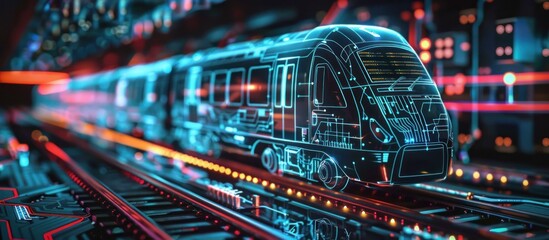 Fototapeta premium Futuristic circuit board with hologram train with glowing neon light. generative AI image