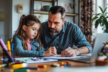 Caucasian father and daughter drawing and doing homework together at a desk in a home environment, surrounded by colorful stationery.