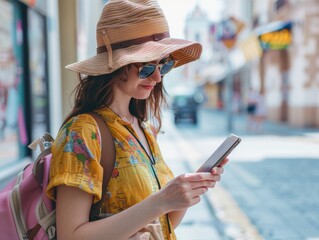 A woman uses her phone to get technology to plan and book her summer trip, such as travel apps and online booking platforms. Generative AI
