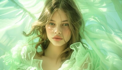 Fototapeta premium Elegant Female Portrait with Soft Green Tones for Beauty and Fashion Generative AI