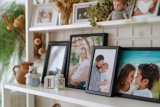 Framed family photos on a white wooden table indoors, Cozying Up with Family, Framed Photos on a White Wooden Table, Framing Memories, White Wooden Table as a Family Photo Display