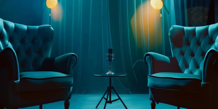 Cozy armchairs with microphone under spotlight