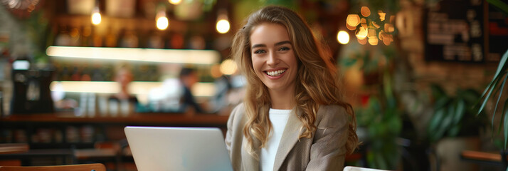 Fototapeta premium Caucasian businesswoman using laptop in coffee shop.