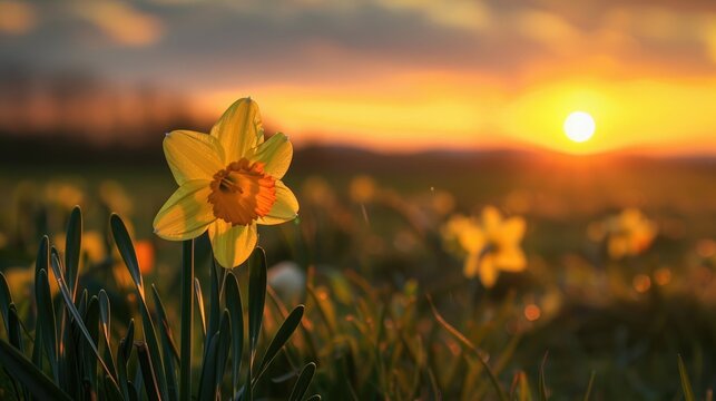 Daffodil blooms in a meadow at sunset