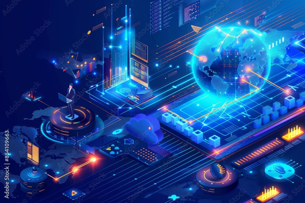 Aufkleber futuristic digital cloud network with interconnected systems, showcasing technology, data innovation
