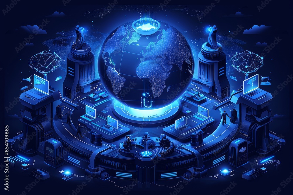 Poster nnovative digital technology network with global connections, highlighting the integration of data, 