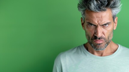 Angry Man Portrait on Green Background for Emotional Expression Generative AI