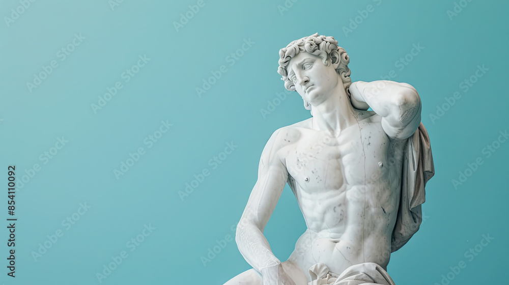 Wall mural a marble statue of a happy man isolated on pastel blue background