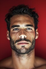 Fototapeta premium Passionate Man Portrait Against Red Backdrop Generative AI
