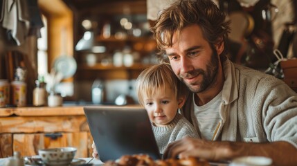 A father and his young child are happily engaged with a tablet, sharing a bonding moment in a cozy home setting