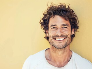 Obraz premium Warm Smiling Portrait Against Soft Yellow Background Generative AI