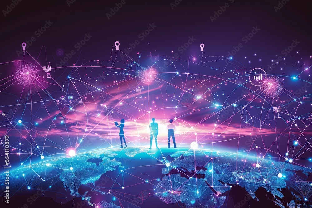 Aufkleber Global digital network with interconnected data points, representing futuristic technology and innovative communication systems, Generative AI