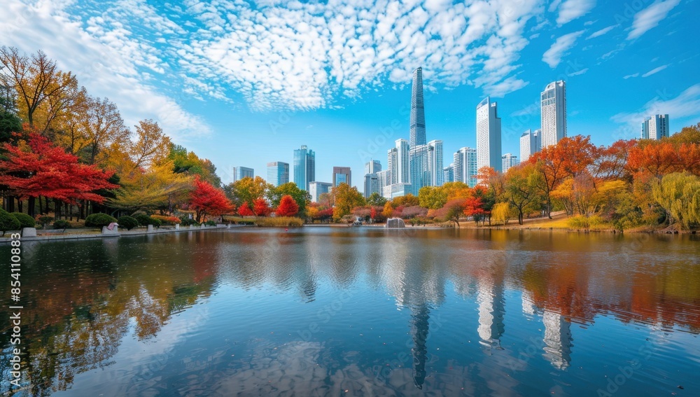 Poster in autumn, the sky is blue and clear with white clouds floating in it in front of you can see an ove