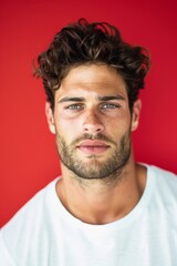 Obraz premium Passionate Man with Strong Emotions Against Red Backdrop Generative AI