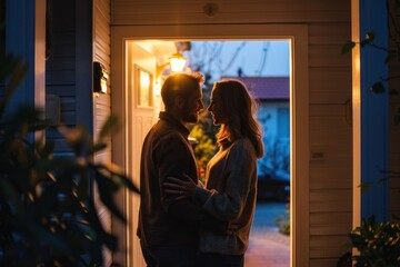 A mature Caucasian couple stands in a doorway during twilight, sharing a close, loving embrace as they gaze into each other's eyes.