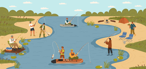 People fishing on river enjoying leisure on nature scene