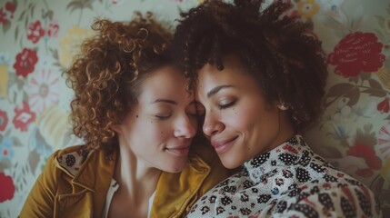 Mixed lesbian couple in love. Two women cuddling with eyes closed. Warmth and comfort.