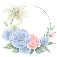 Watercolor Hand drawn illustration 4th of July Independence Day pink rose white lily blue flax flower frame wreath Decoration Illustration Clipart  