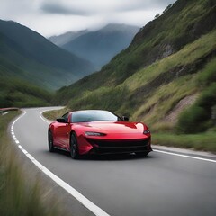 Naklejka premium Sports car driving down the road