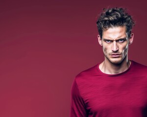 Obraz premium Angry Man Portrait on Red Background for Emotional Expression Generative AI
