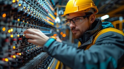 An electrician in a yellow hard hat is adjusting switches on an industrial control panel