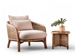 A wooden chair with a white cushion sits next to a small table