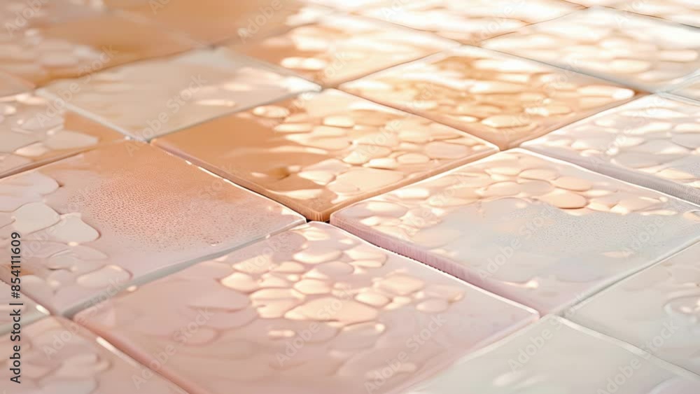 Poster a textured view of a squared glazed ceramic tile featuring a gradient finish in shades of pale pink 