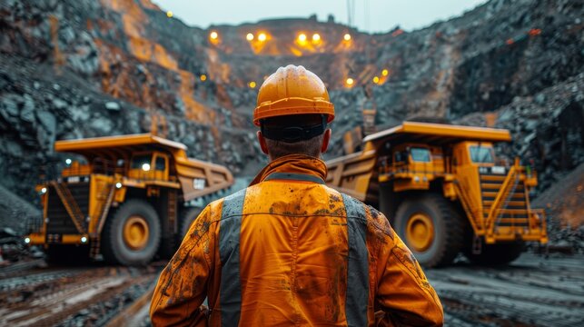 A miner standing with his back to the camera in front of massive yellow mining trucks