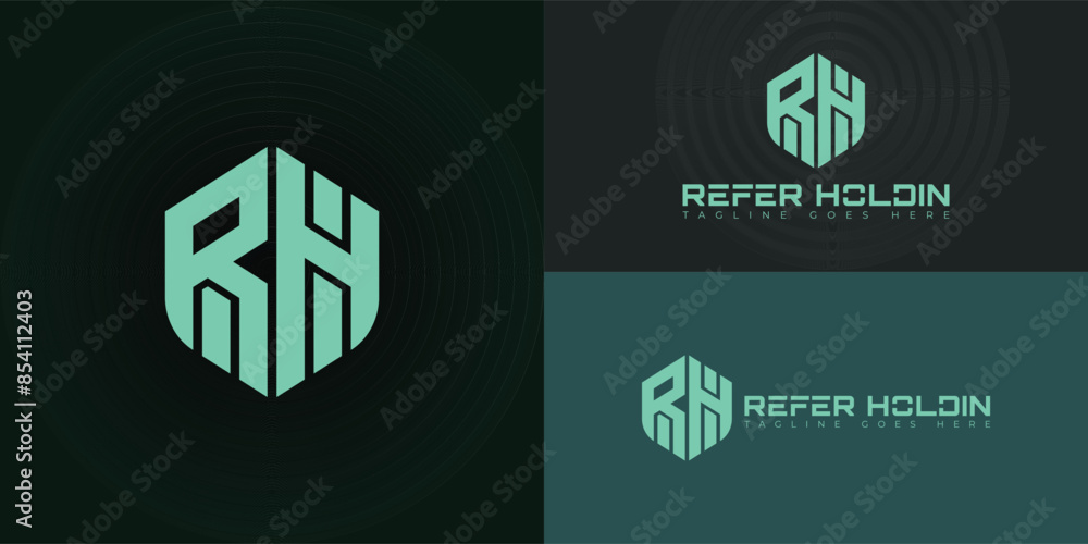 Poster abstract initial hexagon letters rh or hr logo in green color isolated on multiple background colors