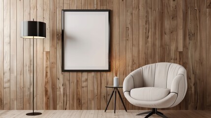 A room with a white chair and a black lamp