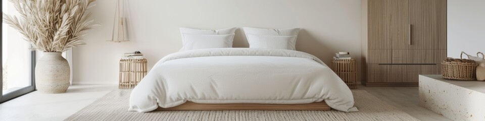 Obraz premium Cozy Japandi Bedroom with Natural Materials Generative AI