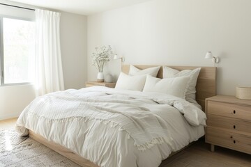 Cozy Scandinavian Bedroom with Natural Wood Furnishings Generative AI