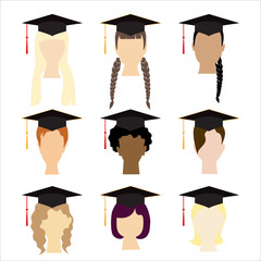 Set of student avatars in graduate hats. Boys and girls portraits with education student caps. Vector illustration