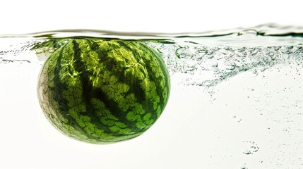 Whole watermelon submerged in clear water with ample white space and bright, even lighting, emphasizing the simple and clean presentation of the fruit.