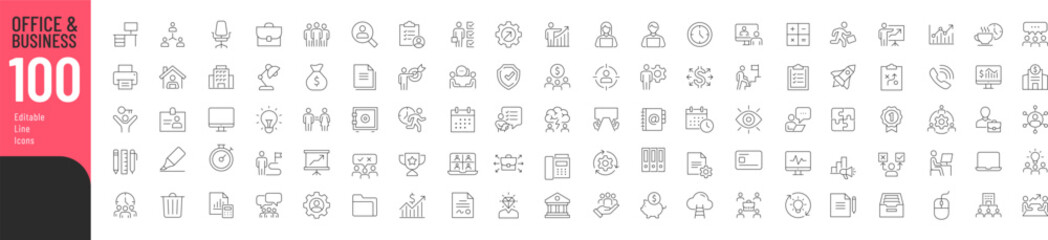 Fototapeta premium Office and Business Editable Icons set. Vector illustration in modern thin line style of business related icons: teamwork, documents, devices, and more. Pictograms and infographics for mobile apps. 