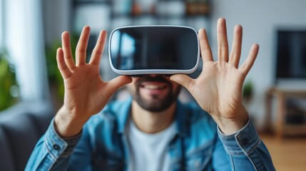 Smiling Man Experiencing Virtual Reality at Home with VR Headset Modern Technology and Indoor Leisure.