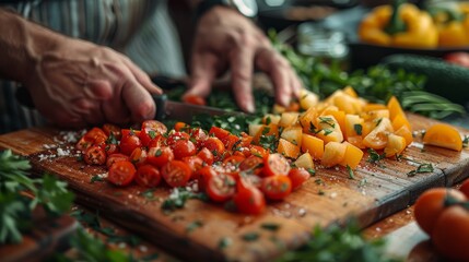 The hands of a person chopping yellow peppers and tomatoes on a wooden cutting board, with herbs and spices around