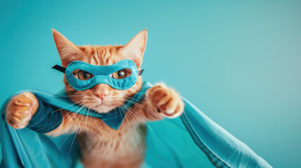 Orange cat dressed as a superhero, flying with a blue mask and cape against a turquoise background. Adorable feline in a dynamic pose, resembling a comic book hero