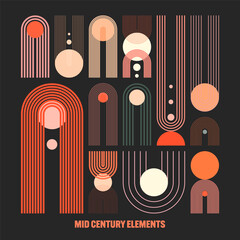 Mid century arch and circle elements, modern geometric shapes. Contemporary design, minimalist art. Trendy design elements for wall decor, posters, books, covers and flyers. Vector illustration