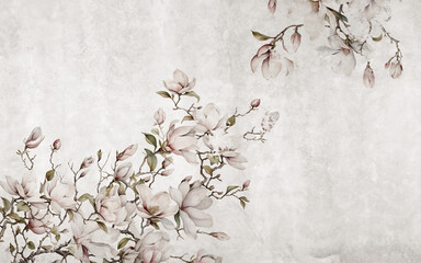 Beautiful blooming magnolia branches on a concrete wall. Mural in subdued colors.